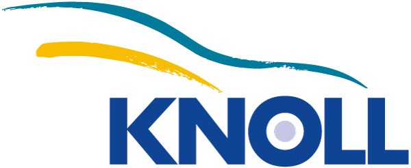 Logo von Knoll mit blauen, gelben und türkisen Wellenlinien, die dynamische Bewegung und Kreativität symbolisieren.